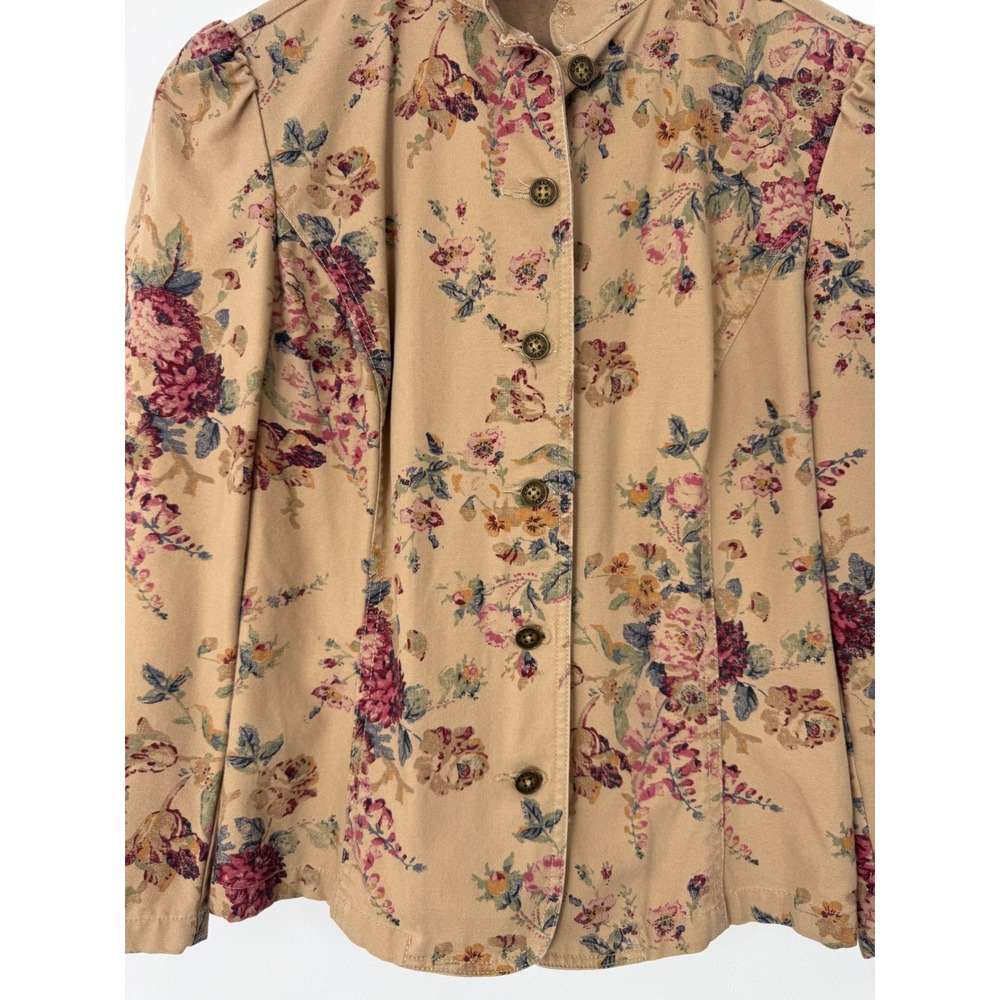Cottagecore Chaps Denim Womens Sm Jacket Tan Floral Puff Sleeve Mandarin Collar - Picture 4 of 8
